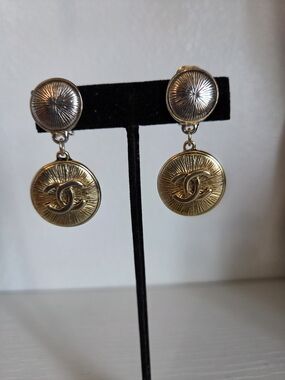 CHANEL Gold-Tone Radiant Double Disc Drop Earrings